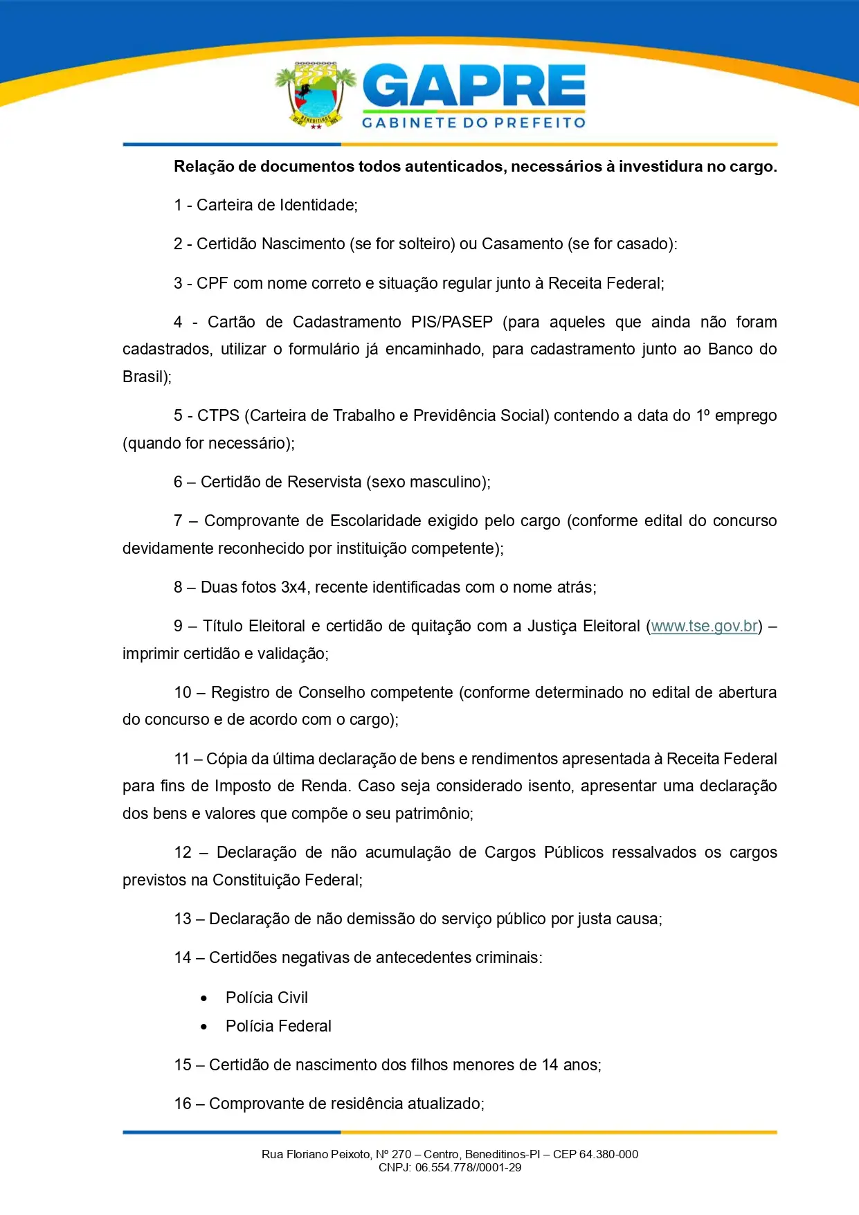 Foto 2 – Prefeitura de Beneditinos faz nova convocação referente ao Concurso Público 001/2022