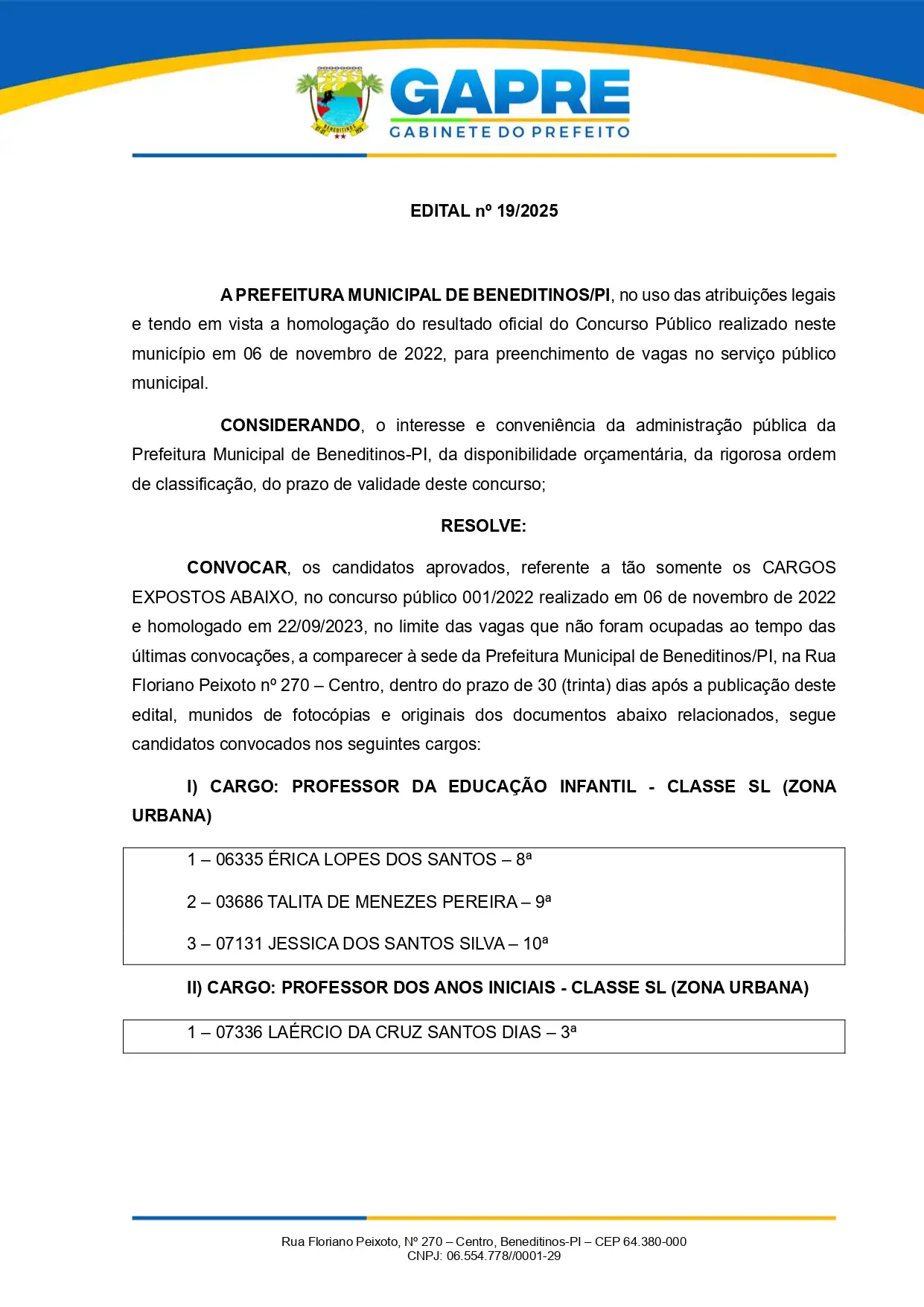 Foto 1 – Prefeitura de Beneditinos faz nova convocação de aprovados no Concurso Público 001/2022