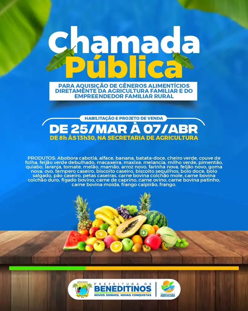 Prefeitura abre Chamada Pública para aquisição de alimentos da agricultura familiar