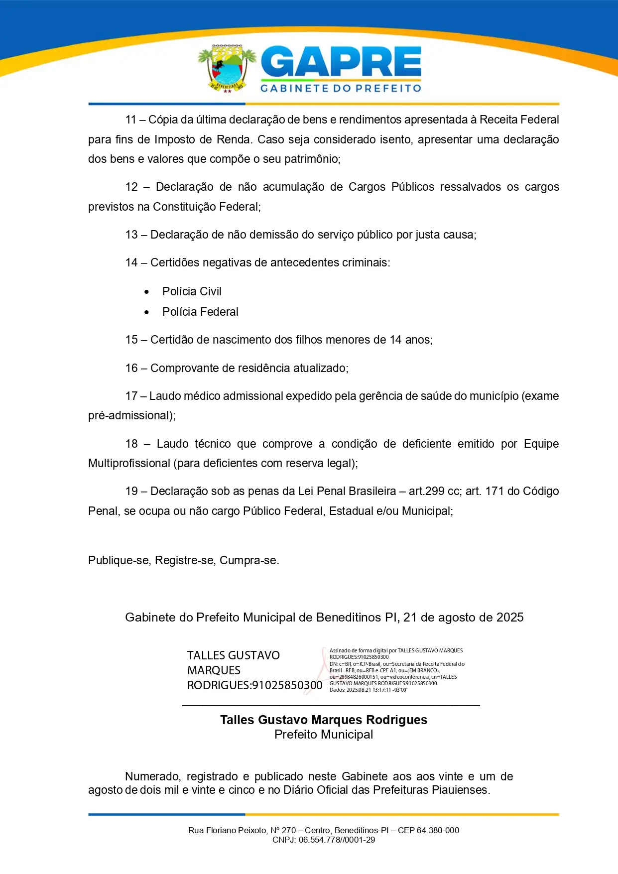 Foto 5 – Prefeitura de Beneditinos faz nova convocação de aprovados no Concurso Público 001/2022