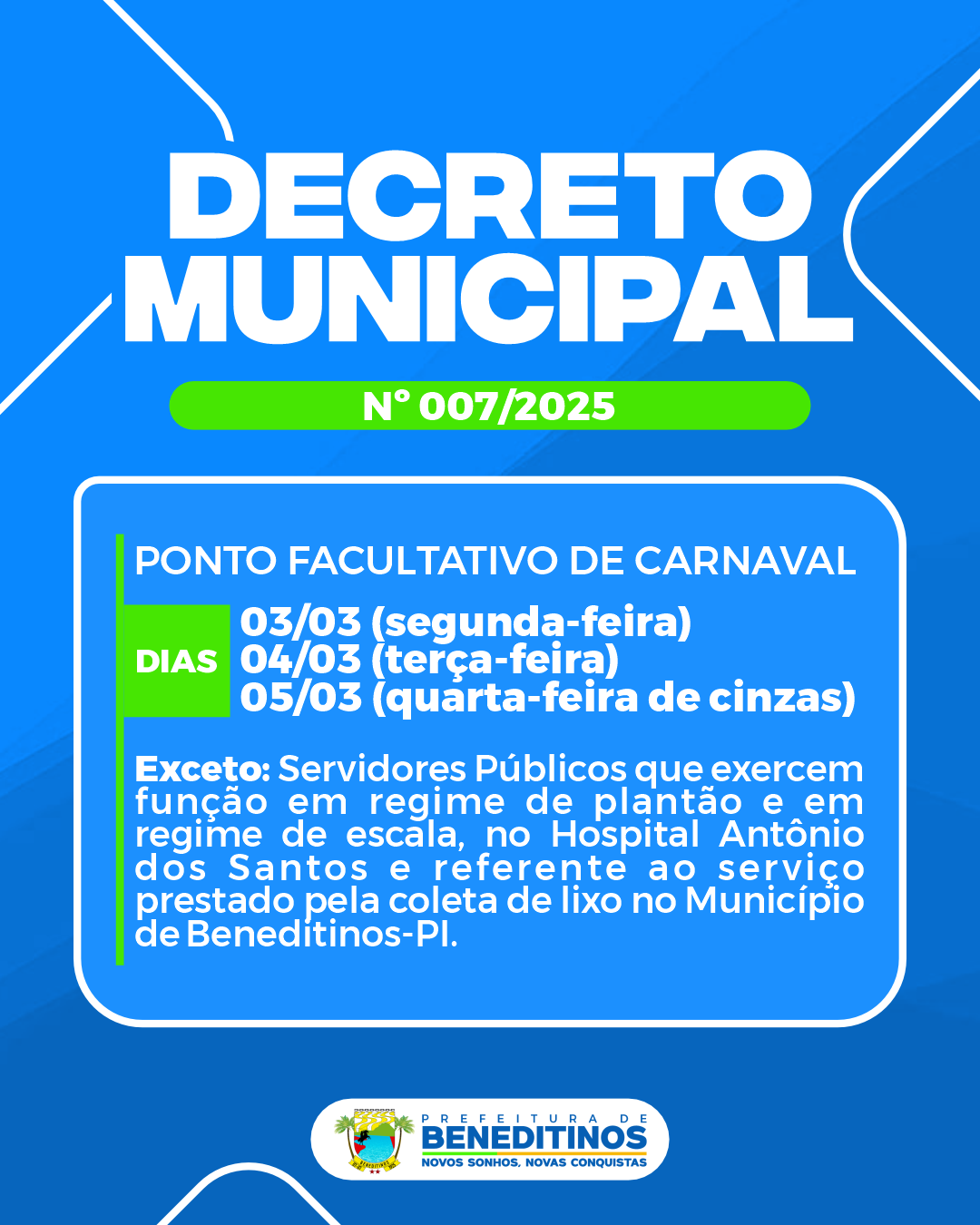 Prefeitura de Beneditinos Decreta Ponto Facultativo durante o período de Carnaval